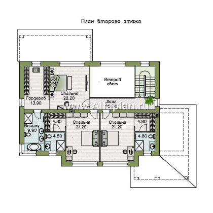 «Каменная гавань» - проект двухэтажного коттеджа, планировка две спальни на 1 эт и второй свет в гостиной, три мастер спальни, в стиле минимализм - превью план дома