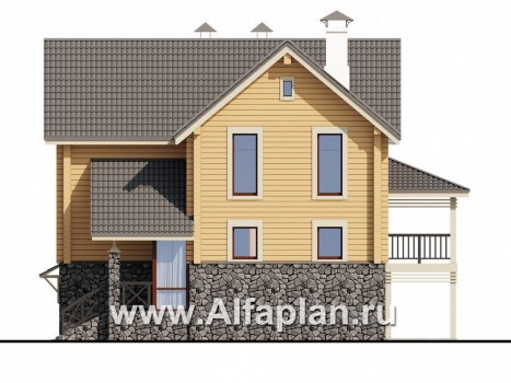 «АльфаВУД» - проект двухэтажного дома из бруса, на цоколе из кирпича, с сауной, с гаражом на 2 авто - превью фасада дома