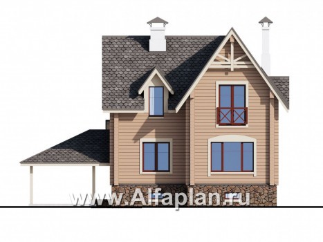 «АльфаВУД» - проект деревянного дома с мансардой, из клееного бруса, с сауной и спортзалом в цокольном этаже - превью фасада дома