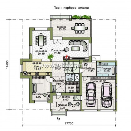 «Капулетти» - проект двухэтажного дома с террасой, планировка со вторым светом в холле, с гаражом на 2 авто, - превью план дома