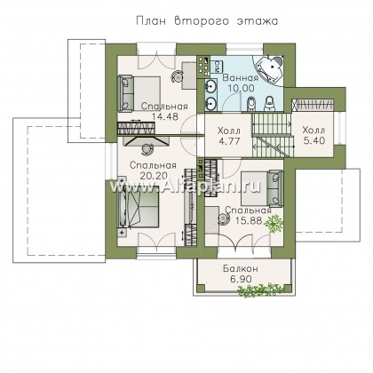 Проект трехэтажного дома из газобетона «Аура», с гаражом в цоколе, с сауной и спортзалом, с балконом и круглым окном - превью план дома