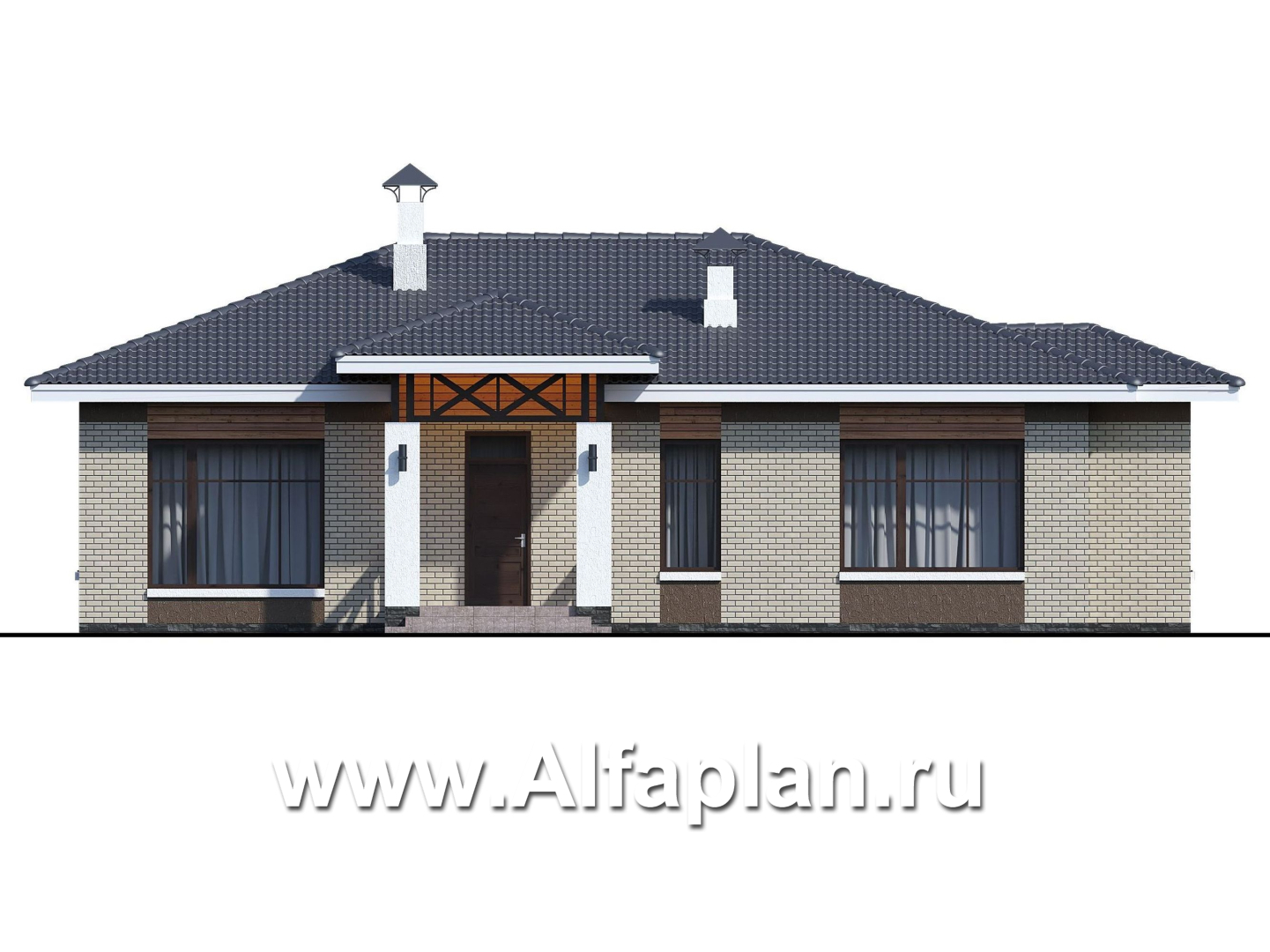 Проекты домов Альфаплан - «Покровка» - проект одноэтажного дома с террасой - изображение фасада №1