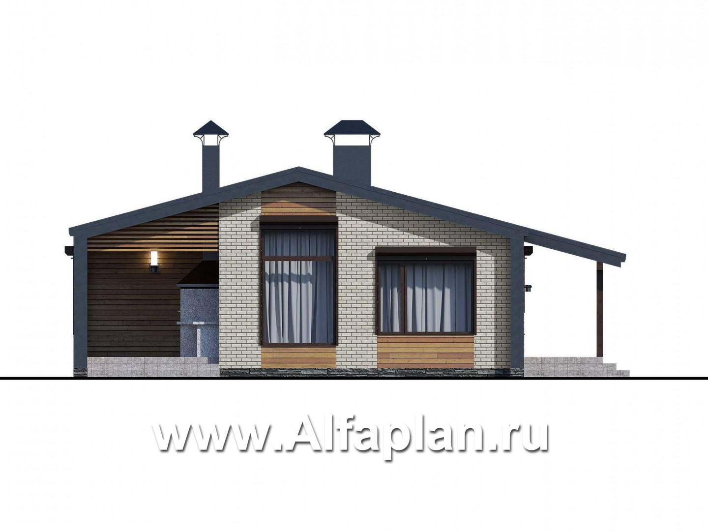 Проекты домов Альфаплан - «Йота» - каркасный дом с двускатной кровлей. Увеличены спальни - изображение фасада №1