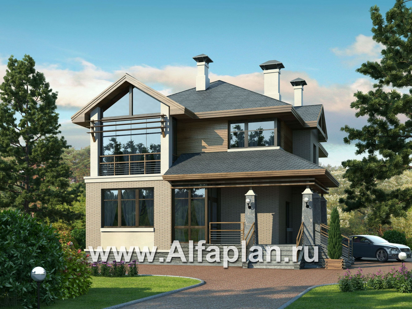 Проекты домов Альфаплан - «Вектор» - загородный коттедж с большими окнами - основное изображение