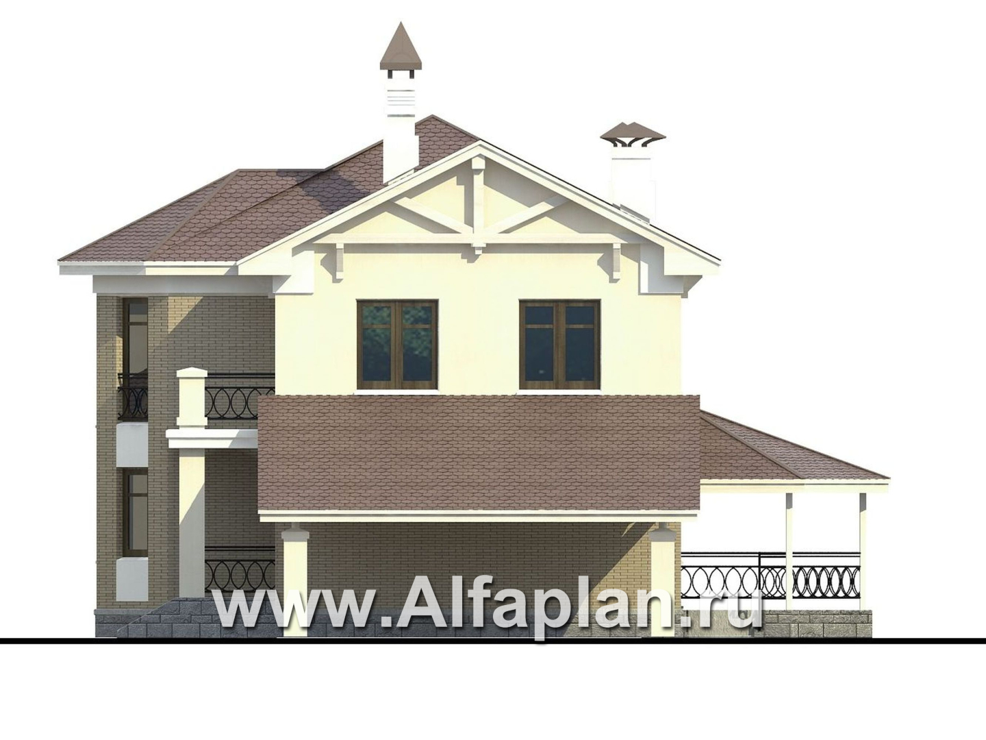 Проекты домов Альфаплан - «Классика»- двухэтажный особняк с эркером и навесом для машины - изображение фасада №2