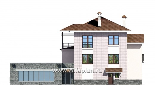 «Светлые времена» - проект трехэтажного дома из кирпича, с сауной и гаражом на 2 авто в цоколе, пристроен бассейн - превью фасада дома