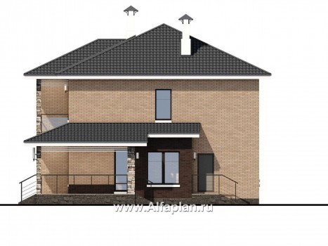 «Роман с камнем» — проект дома, 2 этажа, с двусветной гостиной и с террасой при входе - превью фасада дома