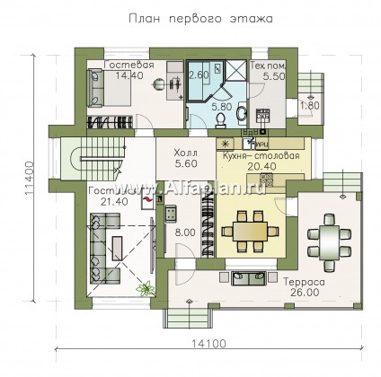 «Роман с камнем» — проект дома, 2 этажа, с двусветной гостиной и с террасой при входе - превью план дома