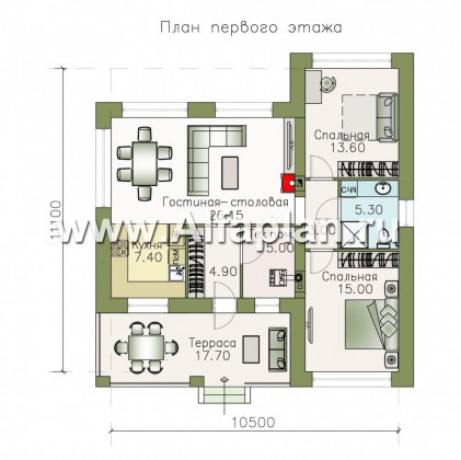 Проекты домов Альфаплан - «Онега» - проект одноэтажного дома с двумя спальнями - превью плана проекта №1