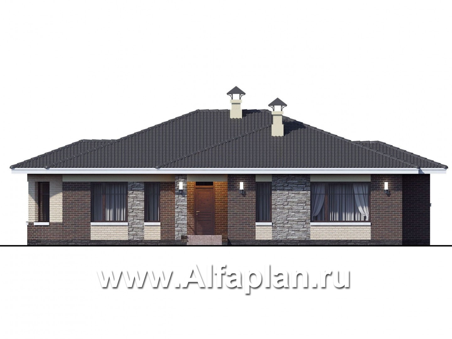 Проекты домов Альфаплан - «Вуокса» - одноэтажный дом с просторной гостиной-столовой - изображение фасада №1