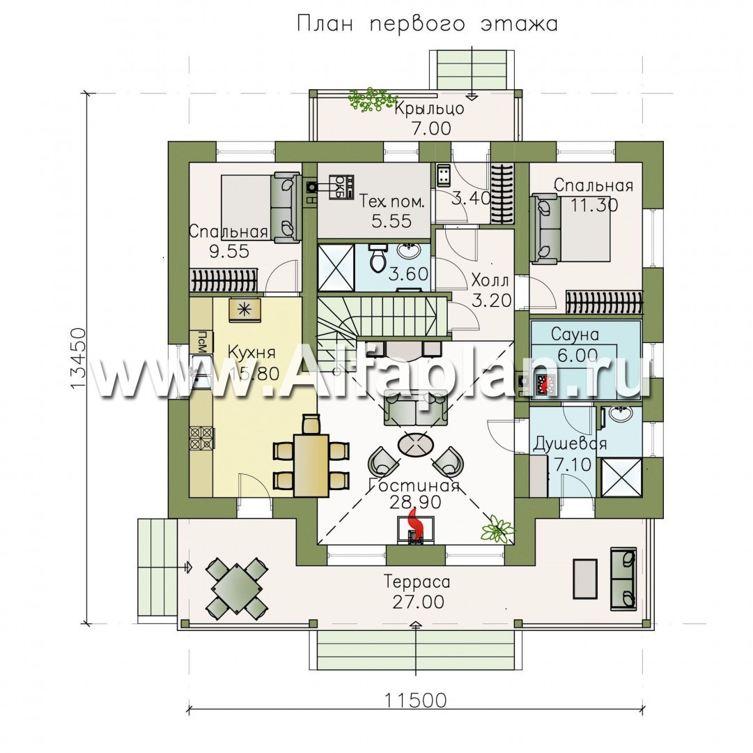 Проекты домов Альфаплан - Кирпичный дом «Моризо» - шале с двусветной гостиной - план проекта №1