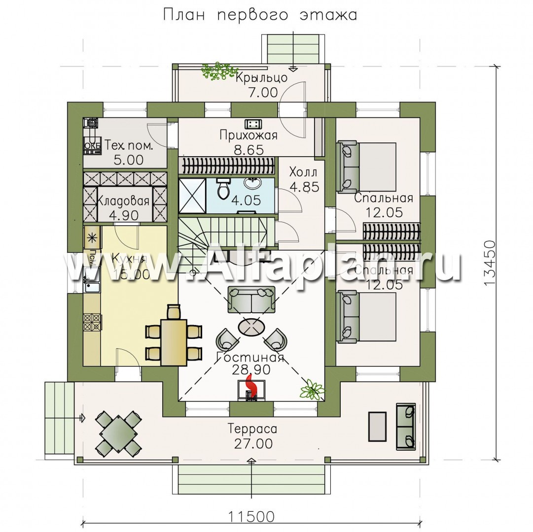 «Моризо» - проект дома с мансардой, планировка с двусветной гостиной и 2 спальни на 1 эт, шале с двускатной крышей - план дома