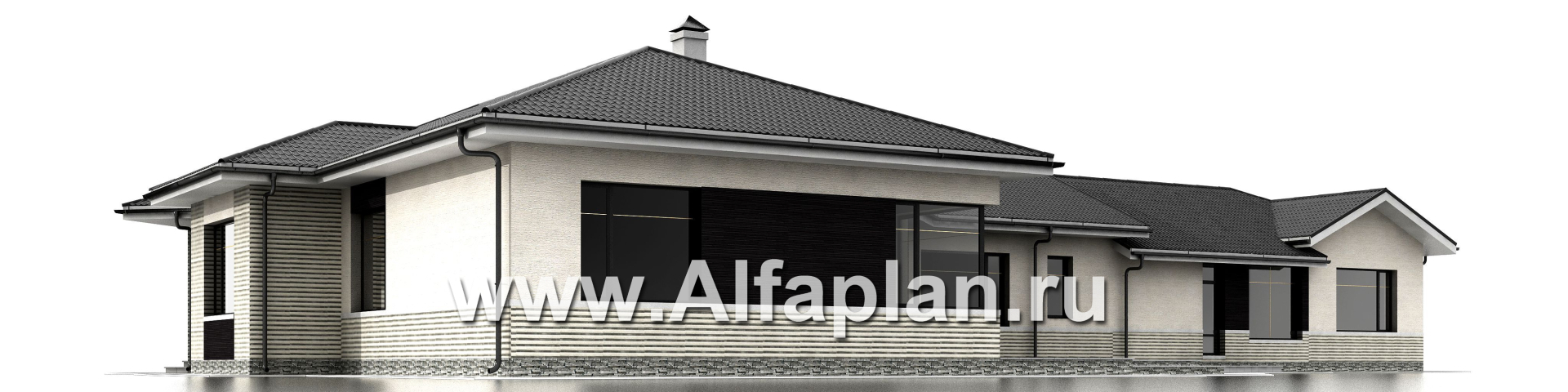 Проекты домов Альфаплан - «Модуль» — одноэтажный дом с бассейном и гостевой квартирой - изображение фасада №2