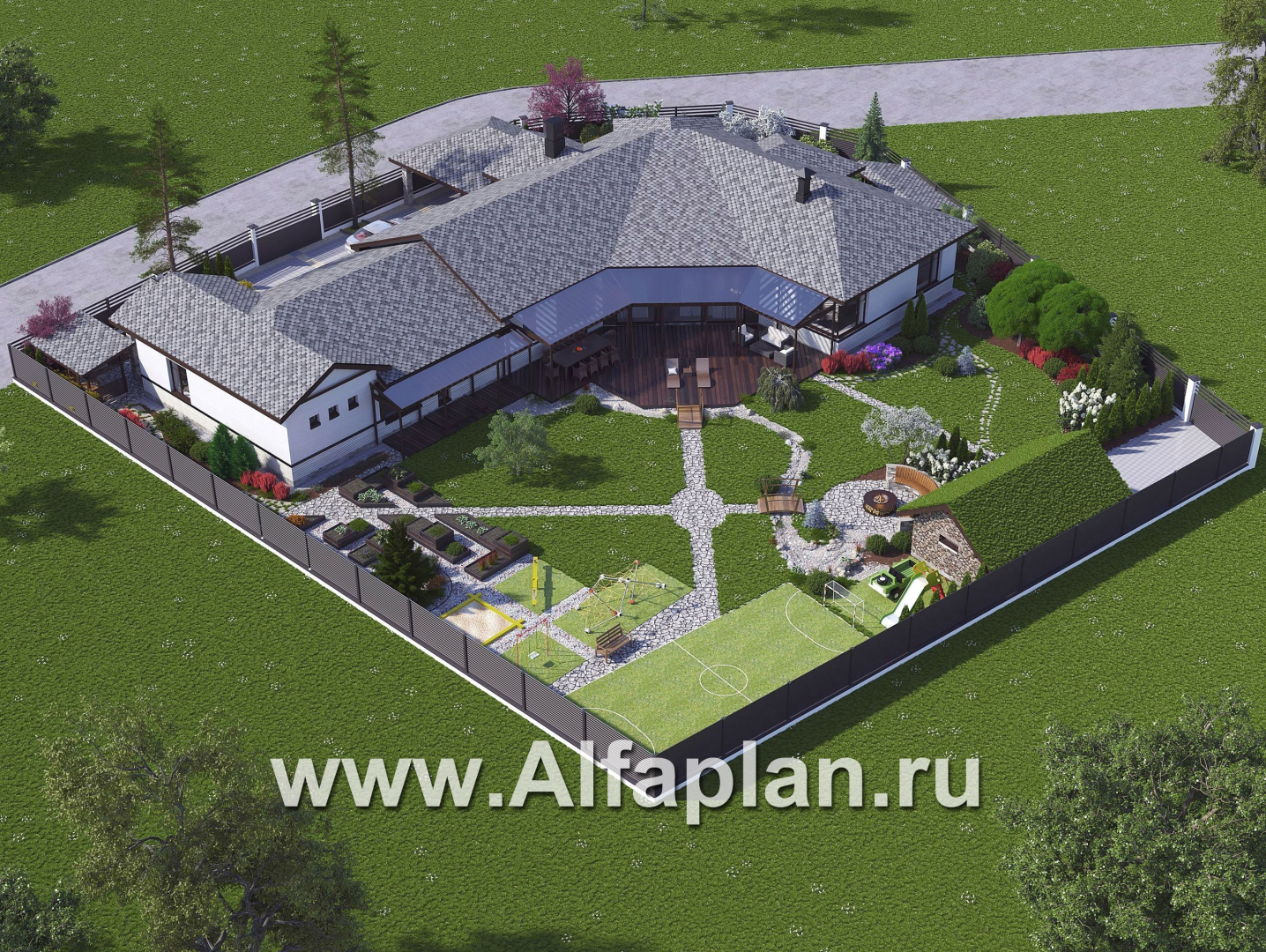 Проекты домов Альфаплан - «Модуль» — одноэтажный дом с бассейном и гостевой квартирой - дополнительное изображение №2