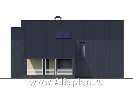«Омега» - проект двухэтажного каркасного коттеджа, с террасой сбоку, план дома с 5-ю спальнями - превью фасада дома