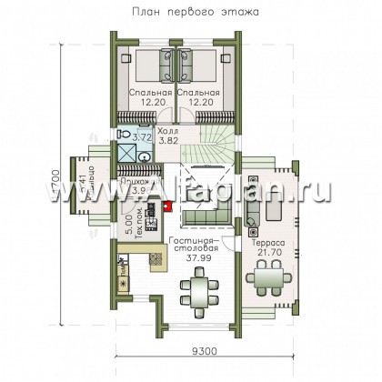 «Омега» - проект двухэтажного каркасного коттеджа, с террасой сбоку, план дома с 5-ю спальнями - превью план дома