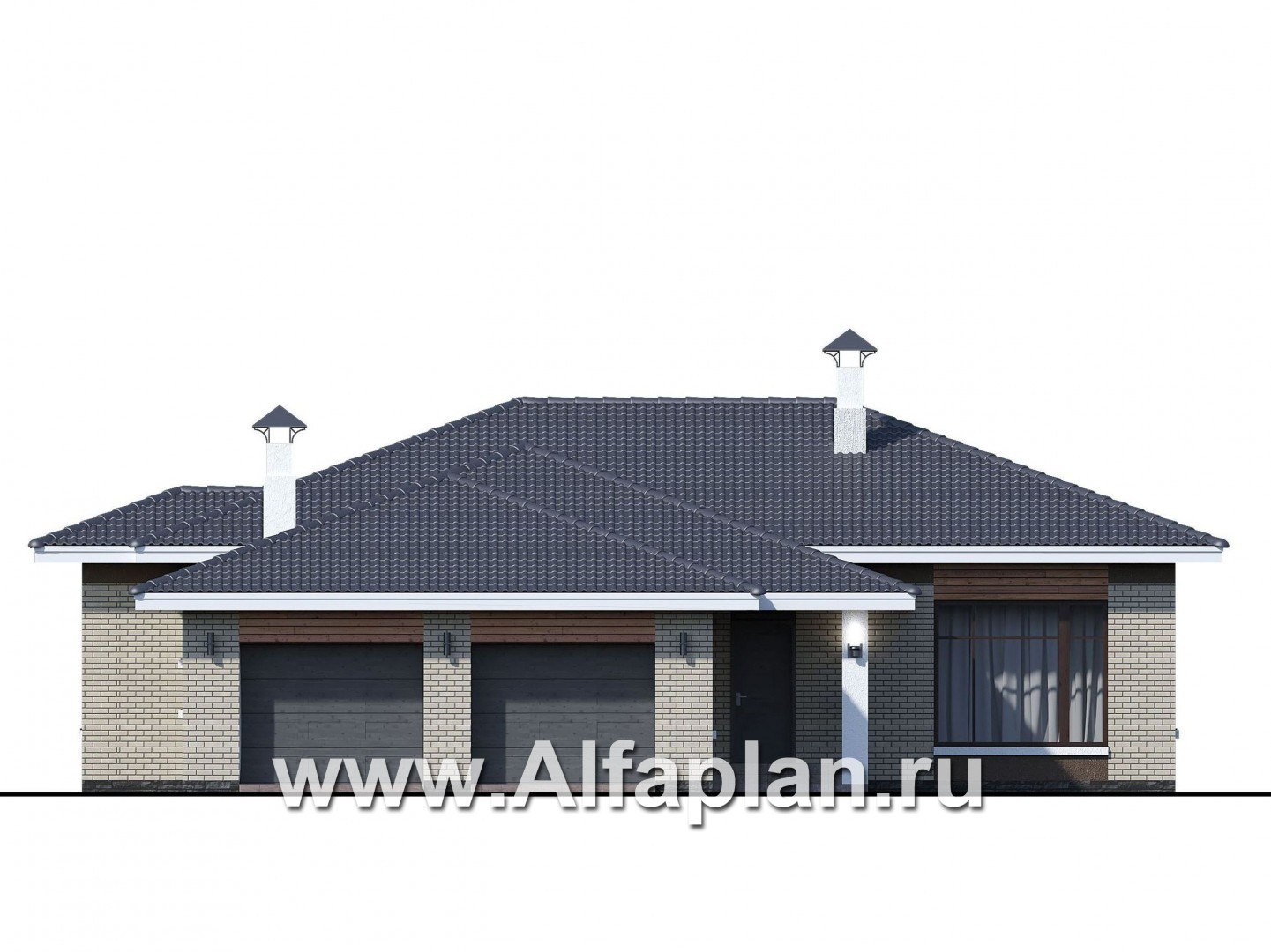 Проекты домов Альфаплан - «Покровка» - стильный одноэтажный коттедж с большим гаражом - изображение фасада №1