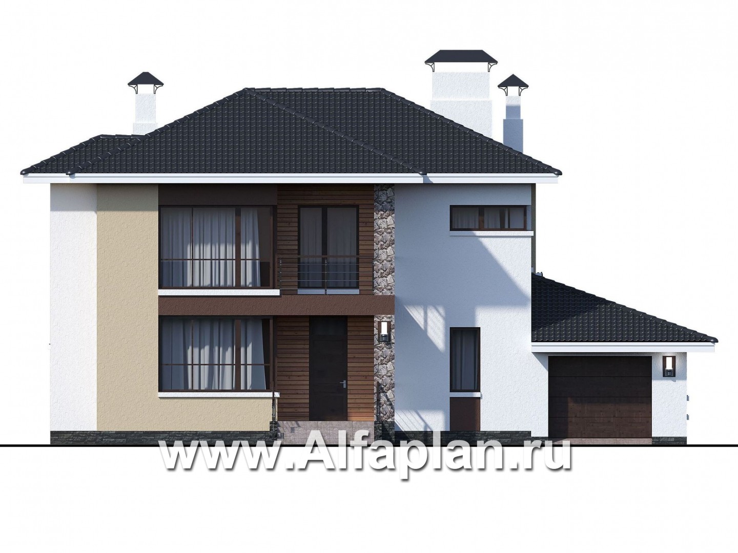 Проекты домов Альфаплан - «Формула успеха» - современный коттедж с угловыми окнами - изображение фасада №1