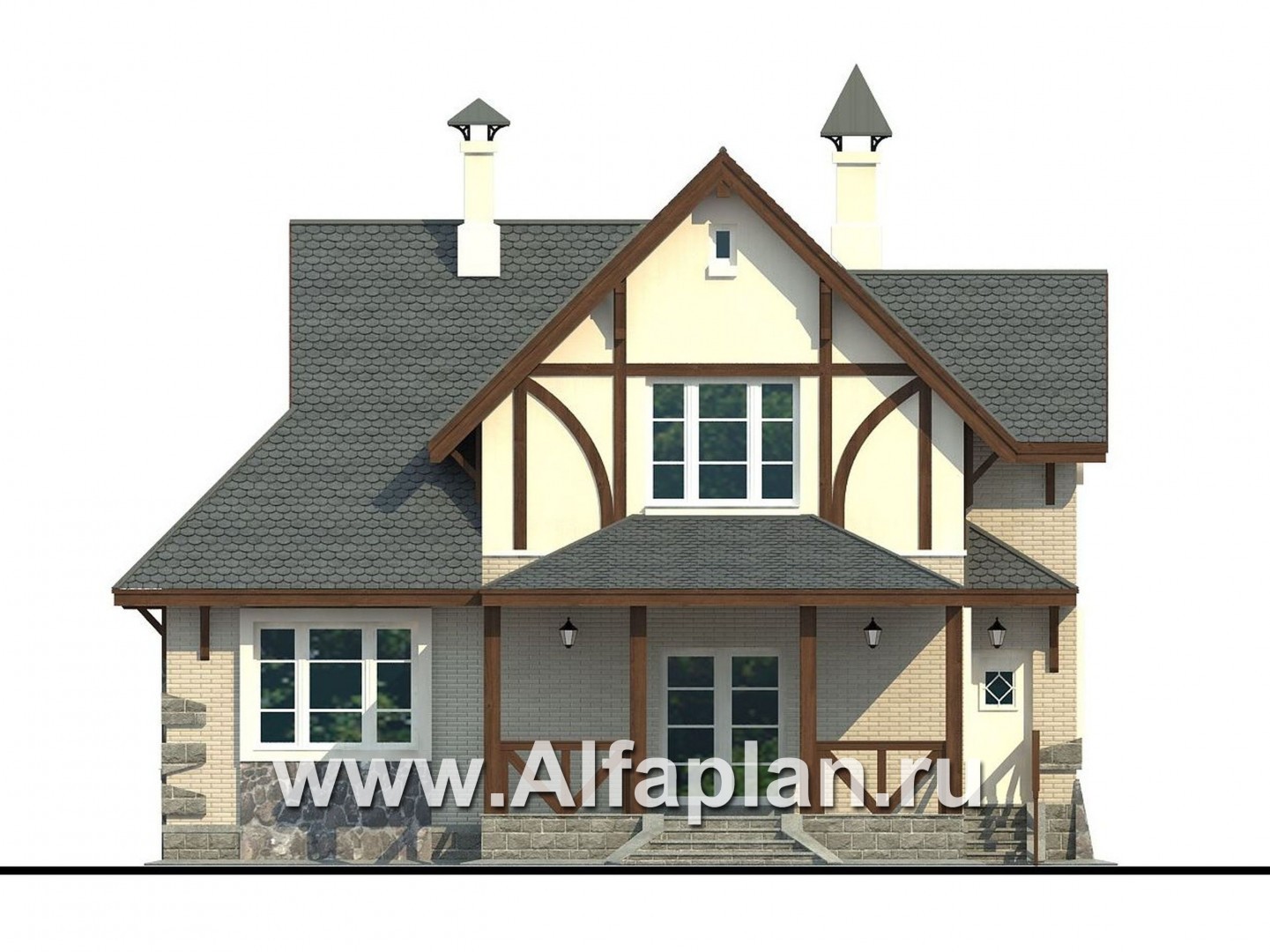 «Альпенхаус» - проект дома с мансардой, высокий потолок в гостиной, в стиле фахверк - фасад дома