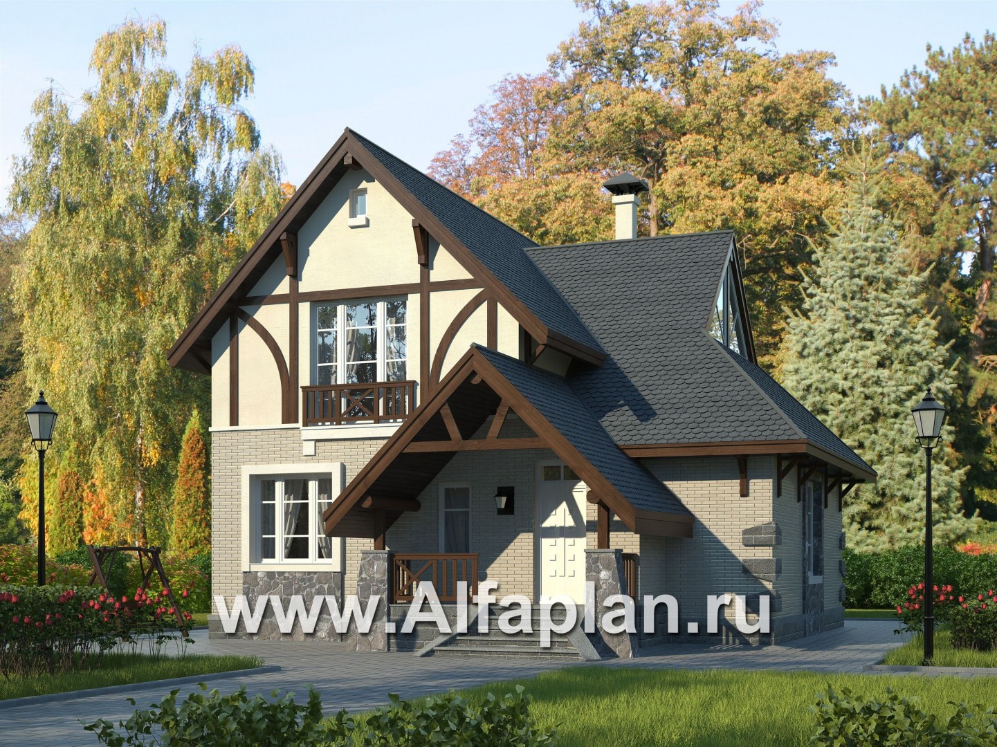 «Альпенхаус» - проект дома с мансардой, высокий потолок в гостиной, в стиле фахверк - основное изображение