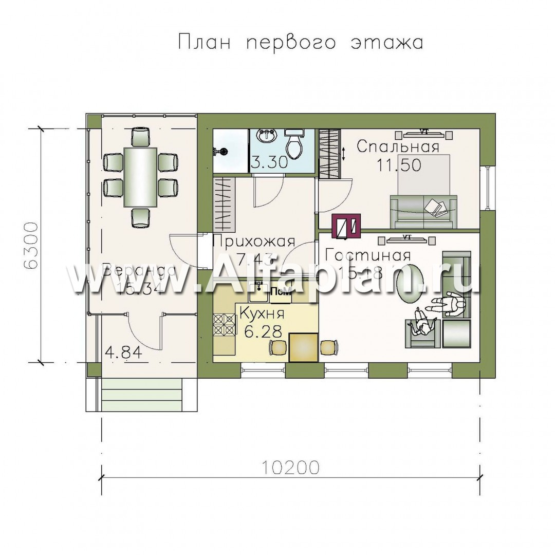 Проект гостевого дома, из кирпича, одна спальня, в русском стиле - план дома