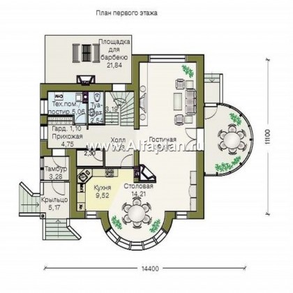 Проекты домов Альфаплан - «Новелла» - архитектурная планировка с полукруглым зимним садом - превью плана проекта №1