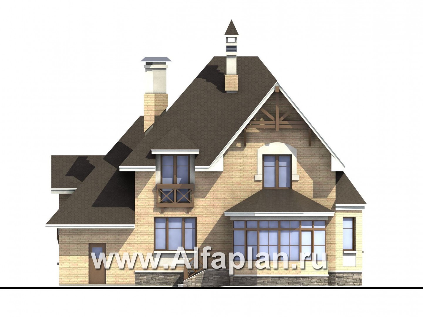 «Магистр» - проект дома с мансардой, мастер спальня, с эркером и с террасой, с гаражом, в стиле фахверк - фасад дома