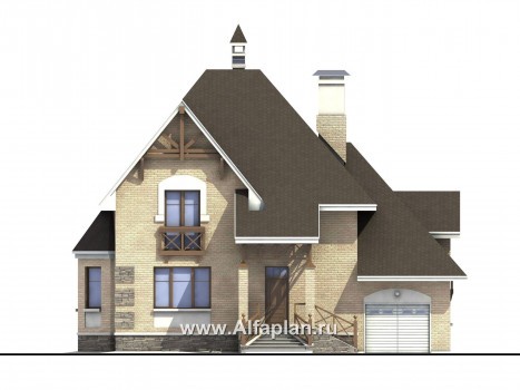 «Магистр» - проект дома с мансардой, мастер спальня, с эркером и с террасой, с гаражом, в стиле фахверк - превью фасада дома