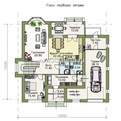 «Репутация» - красивый проект двухэтажного дома из газобетона, планировка с эркером и с гаражом, в английском стиле - превью план дома