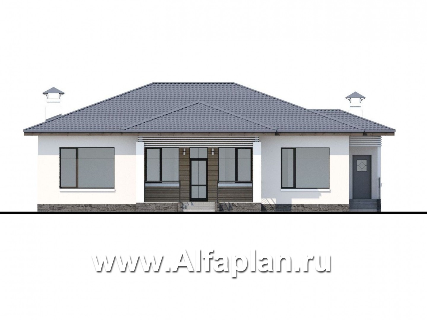 Проекты домов Альфаплан - «Калипсо» - проект одноэтажного дома, 4 спальни, c террасой - изображение фасада №3