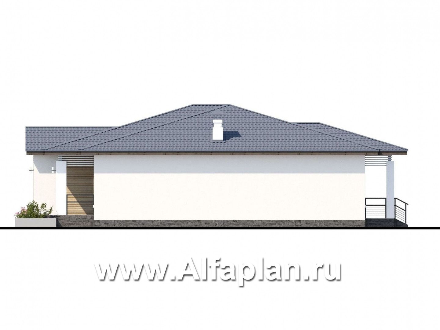 Проекты домов Альфаплан - «Калипсо» - проект одноэтажного дома, 4 спальни, c террасой - изображение фасада №4