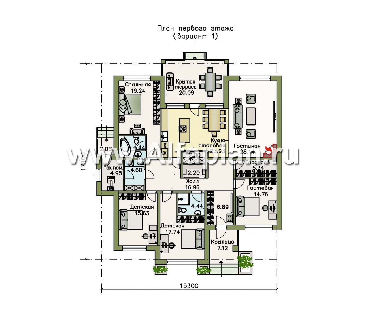 Проекты домов Альфаплан - «Калипсо» - проект одноэтажного дома, 4 спальни, c террасой - план проекта №1