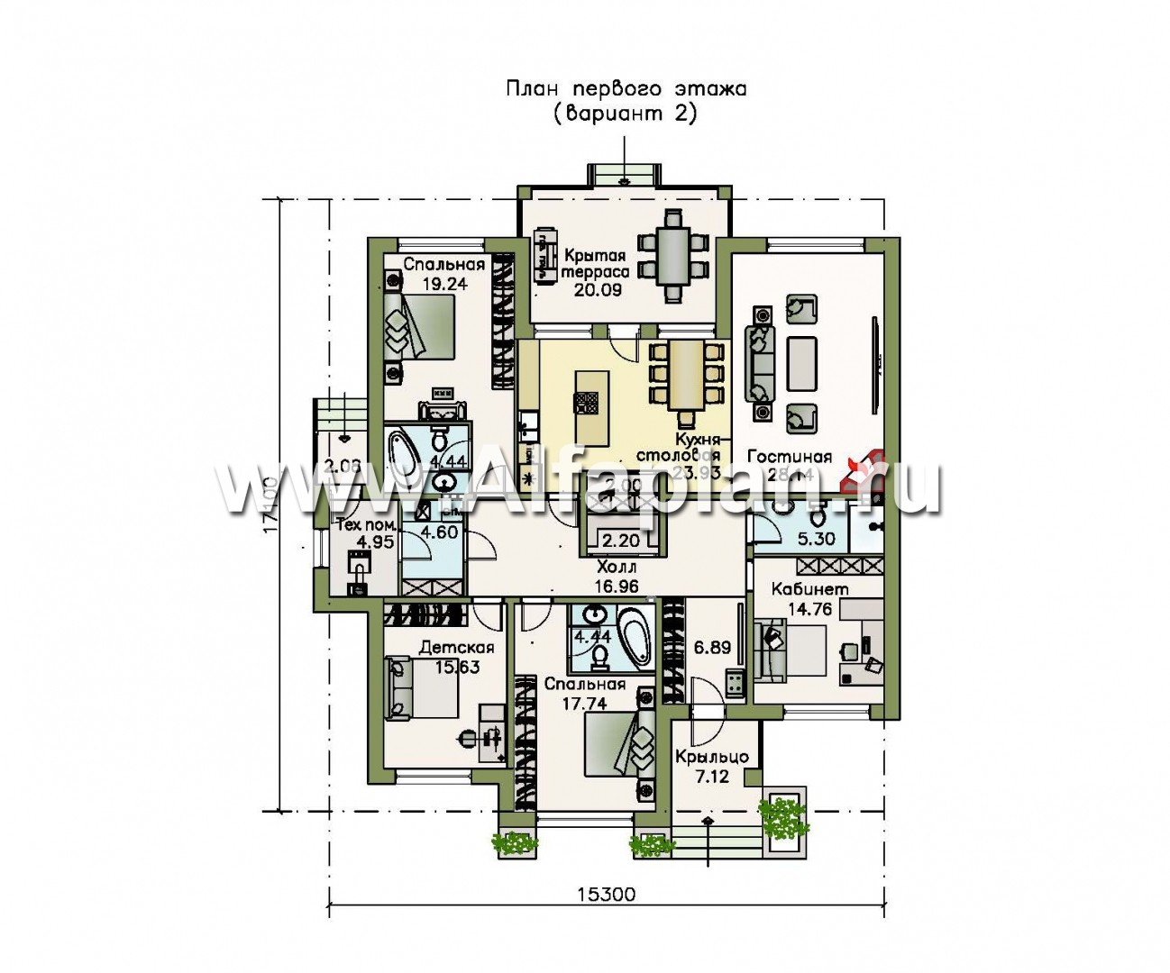 Проекты домов Альфаплан - «Калипсо» - проект одноэтажного дома, 4 спальни, c террасой - изображение плана проекта №2