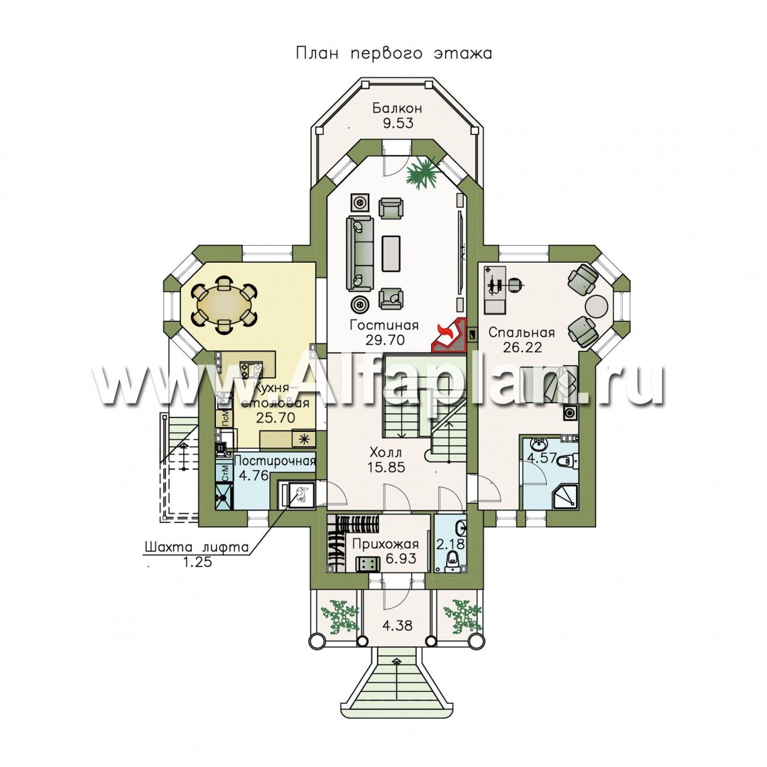 «Головин плюс» - проект двухэтажного дома из газобетона, планировка с лестницей в центре, в классическом стиле с бассейном в цоколе - план дома
