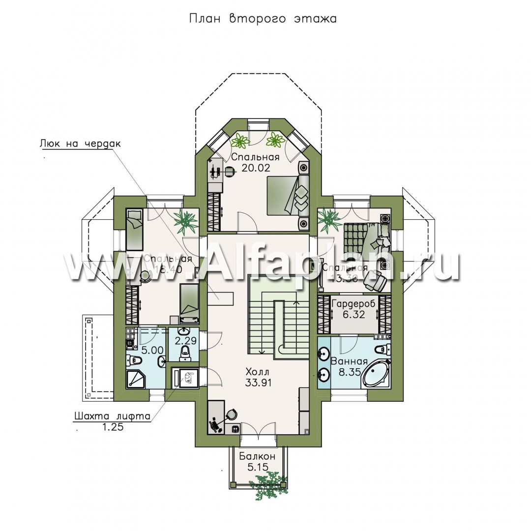 «Головин плюс» - проект двухэтажного дома из газобетона, планировка с лестницей в центре, в классическом стиле с бассейном в цоколе - план дома