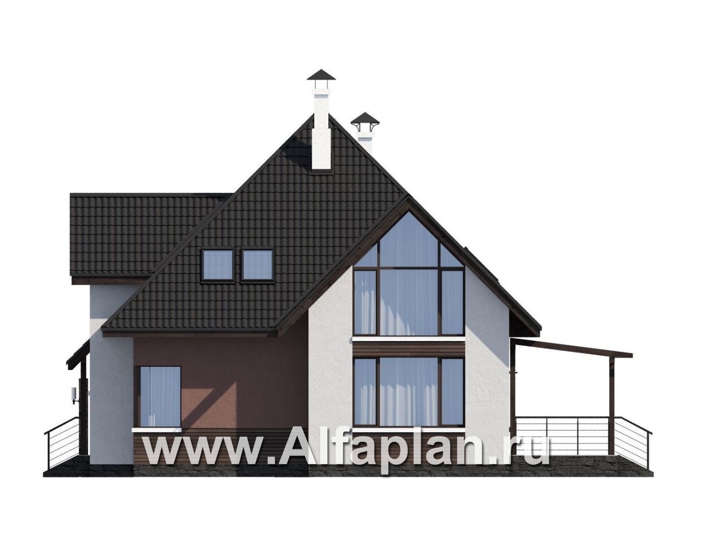 «Сириус» - красивый коттедж, проект дома с мансардой, из кирпича, с террасой, современный стиль - фасад дома