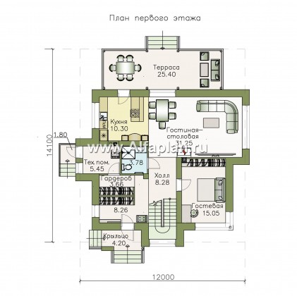 «Сириус» - красивый коттедж, проект дома с мансардой, из кирпича, с террасой, современный стиль - превью план дома