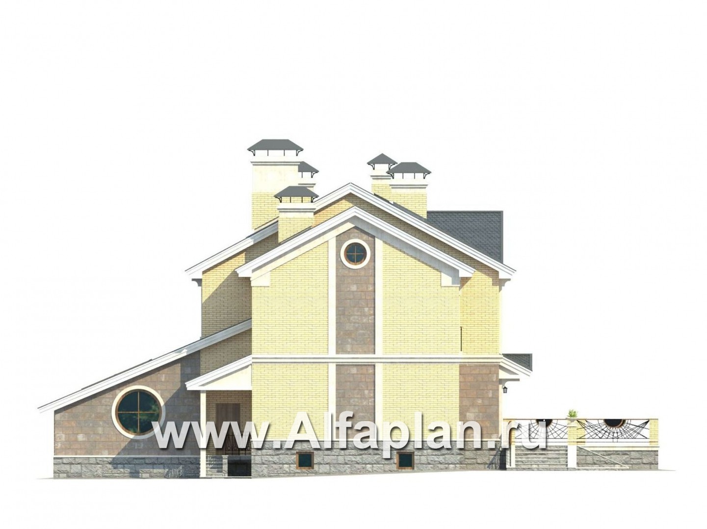 Проекты домов Альфаплан - «Поместье» - проект двухэтажного дома, с мансардойи двусветной гостиной, вилла в классическом стиле - изображение фасада №3
