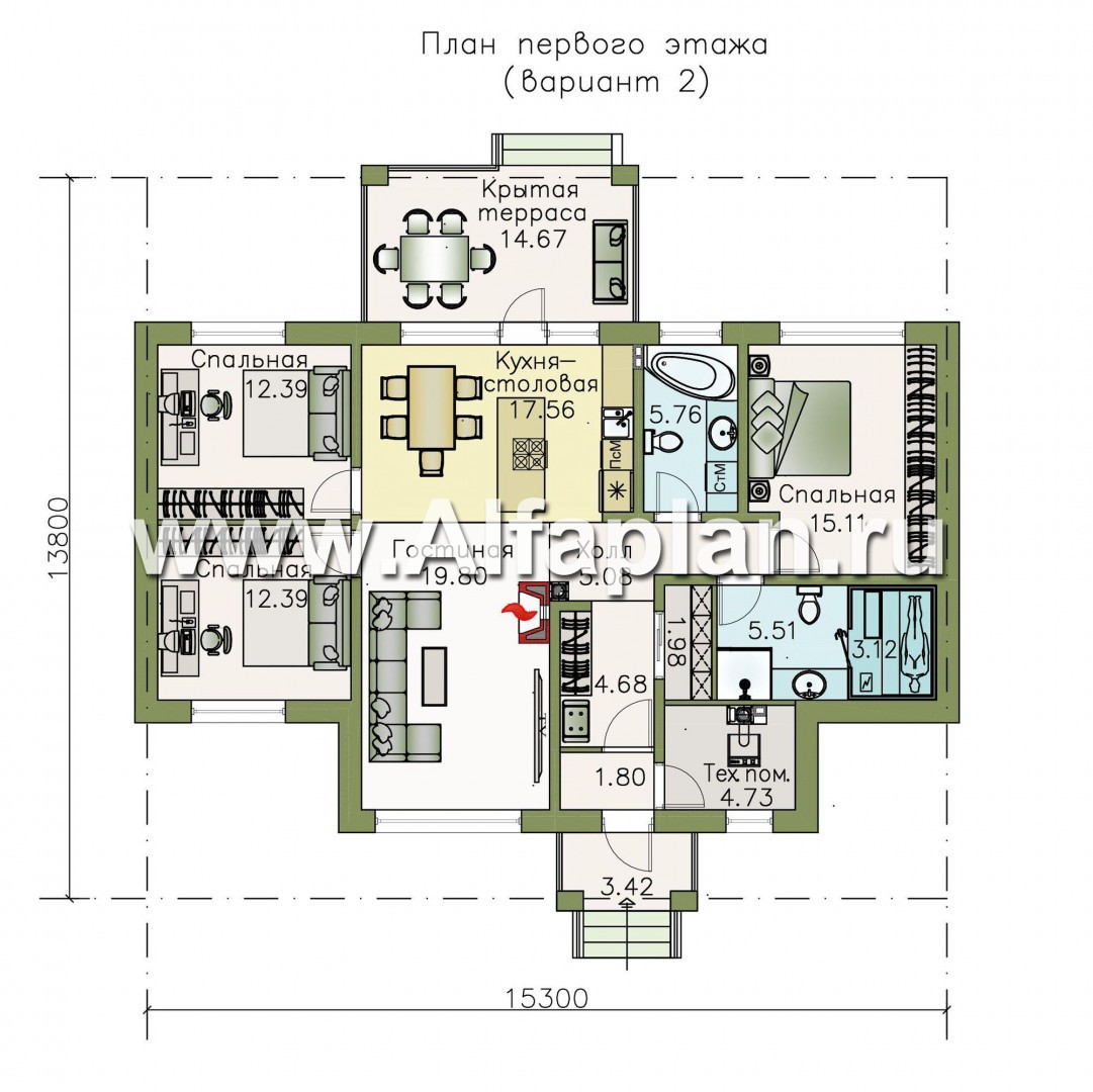 Проекты домов Альфаплан - «Безоблачный» - экономичный и комфортный одноэтажный дом - изображение плана проекта №2