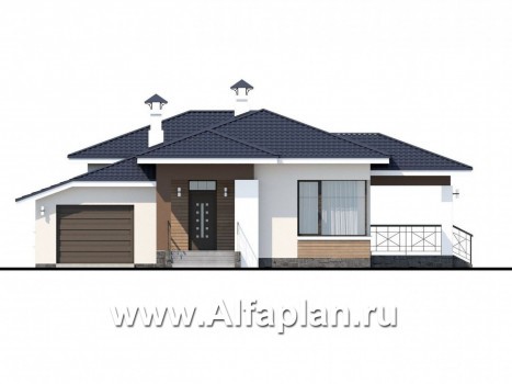 Проекты домов Альфаплан - «Пассия» - одноэтажный коттедж с гаражом и террасой - превью фасада №1