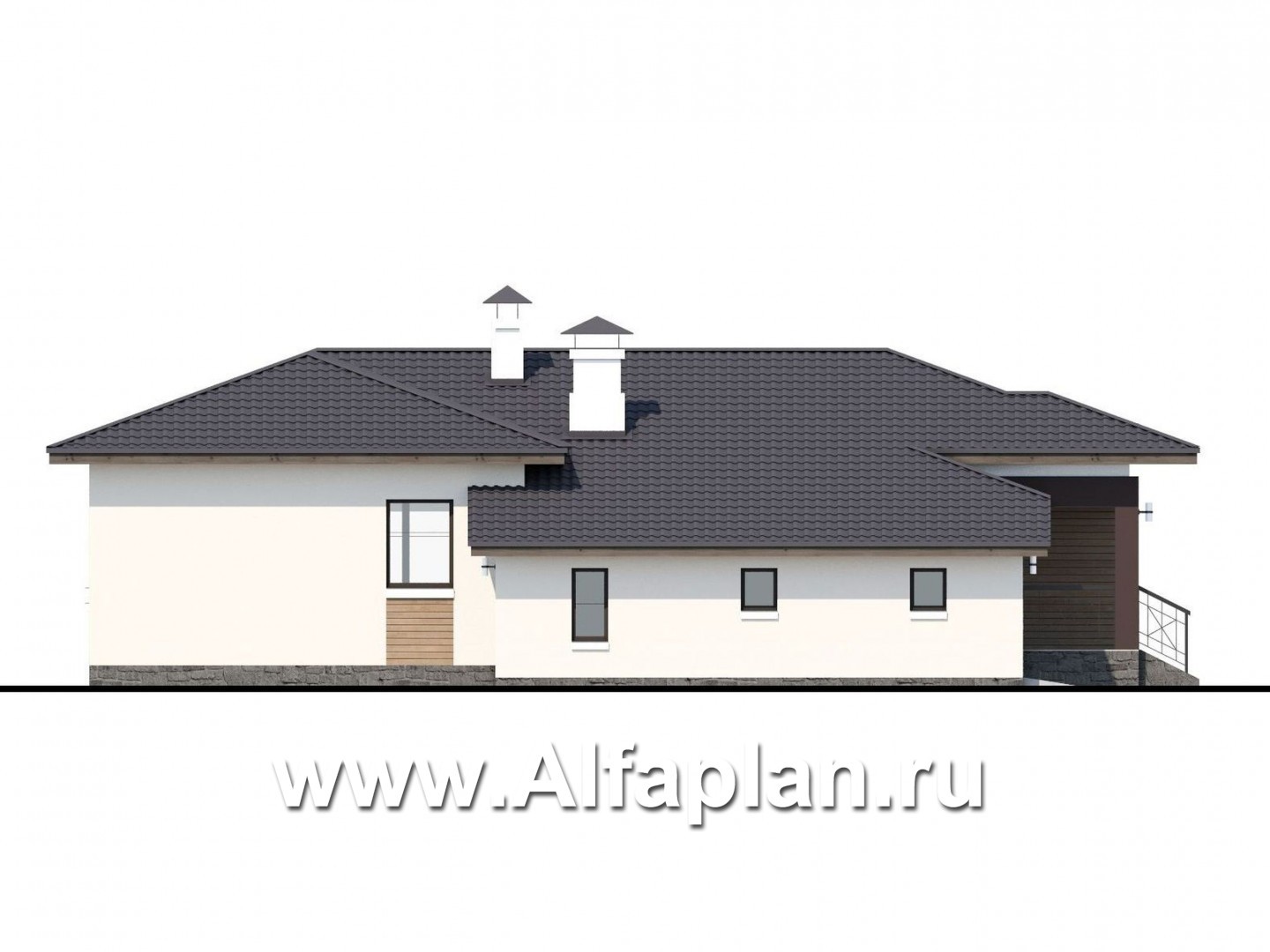 Проекты домов Альфаплан - «Пассия» - одноэтажный коттедж с гаражом и террасой - изображение фасада №3