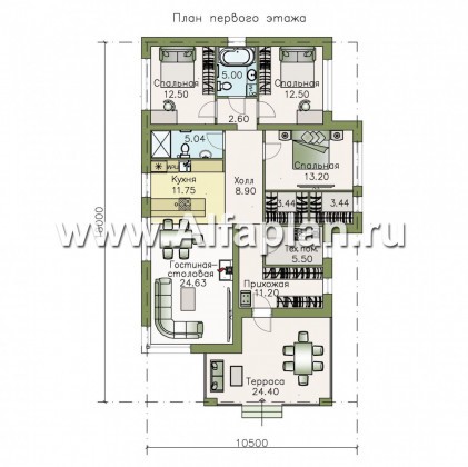 Проекты домов Альфаплан - «Гестия» - современный одноэтажный коттедж с террасой - превью плана проекта №1
