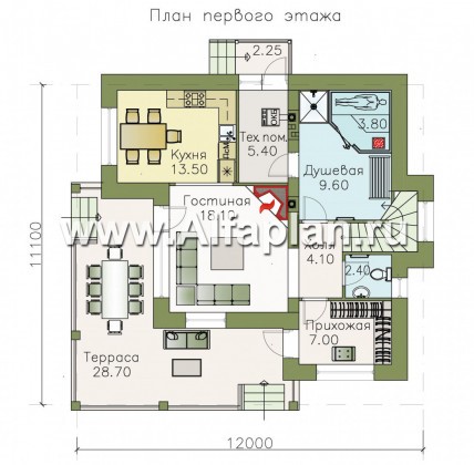 «Квантум» - современный двухэтажный дом, планировка с террасой и сауной, для углового участка - превью план дома