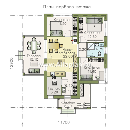 «Аэда» - проект одноэтажного дома, 3 спальни, с остекленной верандой, в современном стиле - превью план дома