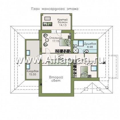 Проекты домов Альфаплан - «Волга» - коттедж с цоколем, тремя жилыми комнатами на 1 этаже и жилой мансардой - превью плана проекта №3