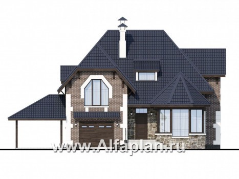 Проекты домов Альфаплан - «Корона» - коттедж с гаражом, навесом и красивым эркером - превью фасада №1