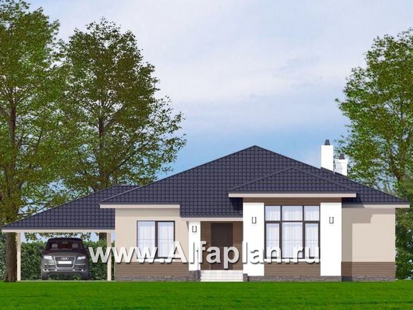 «Княженика» - проект одноэтажного дома, с террасой, планировка 2 спальни и сауна, навес на 1 авто, для небольшой семьи - основное изображение