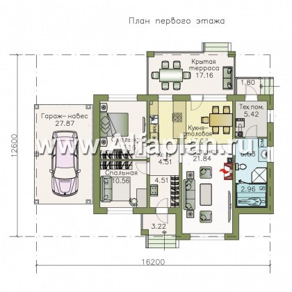 «Княженика» - проект одноэтажного дома, с террасой, планировка 2 спальни и сауна, навес на 1 авто, для небольшой семьи - превью план дома