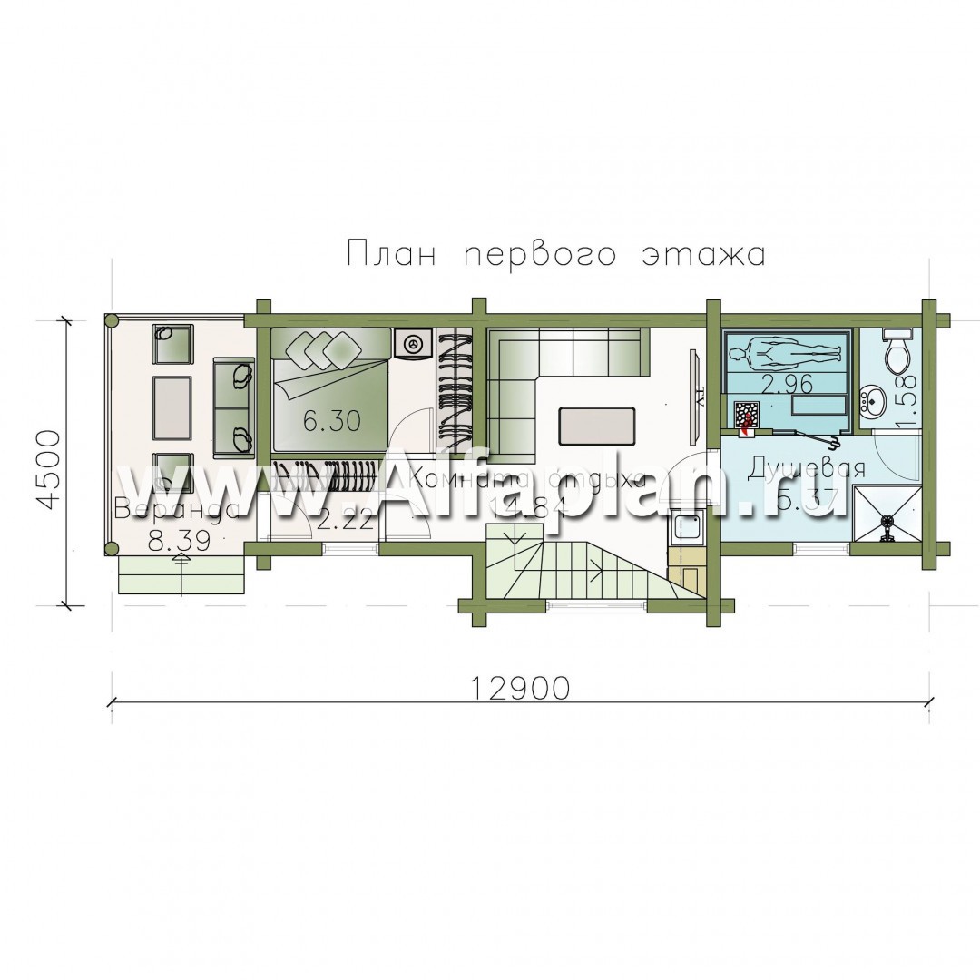 Проекты домов Альфаплан - Баня из бревен - гостевой дом с двумя спальными - план проекта №1