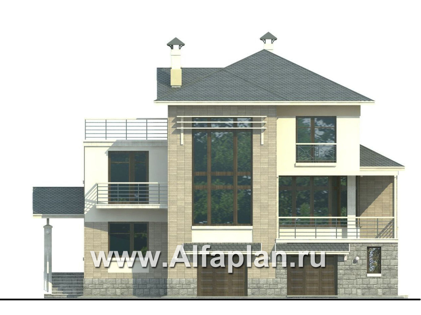 Проекты домов Альфаплан - «Три семерки» - трехэтажный загородный особняк, современный дизайн дома - изображение фасада №1